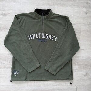 Vintage Walt Disney World Fleece Quarter Zip Pullover Green XL Mickey Mouse 1971